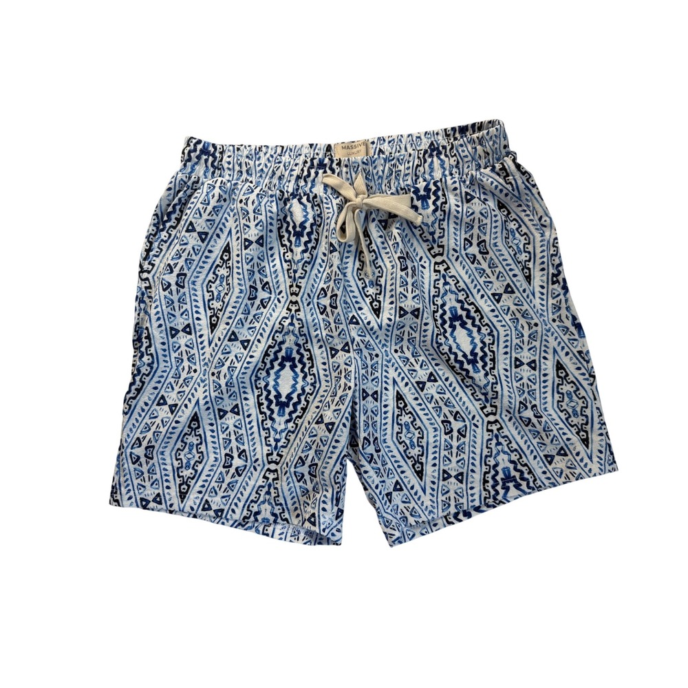 Massive Luxury Mens Blue White Geometric Tribal Print Swim Trunks Size Medium